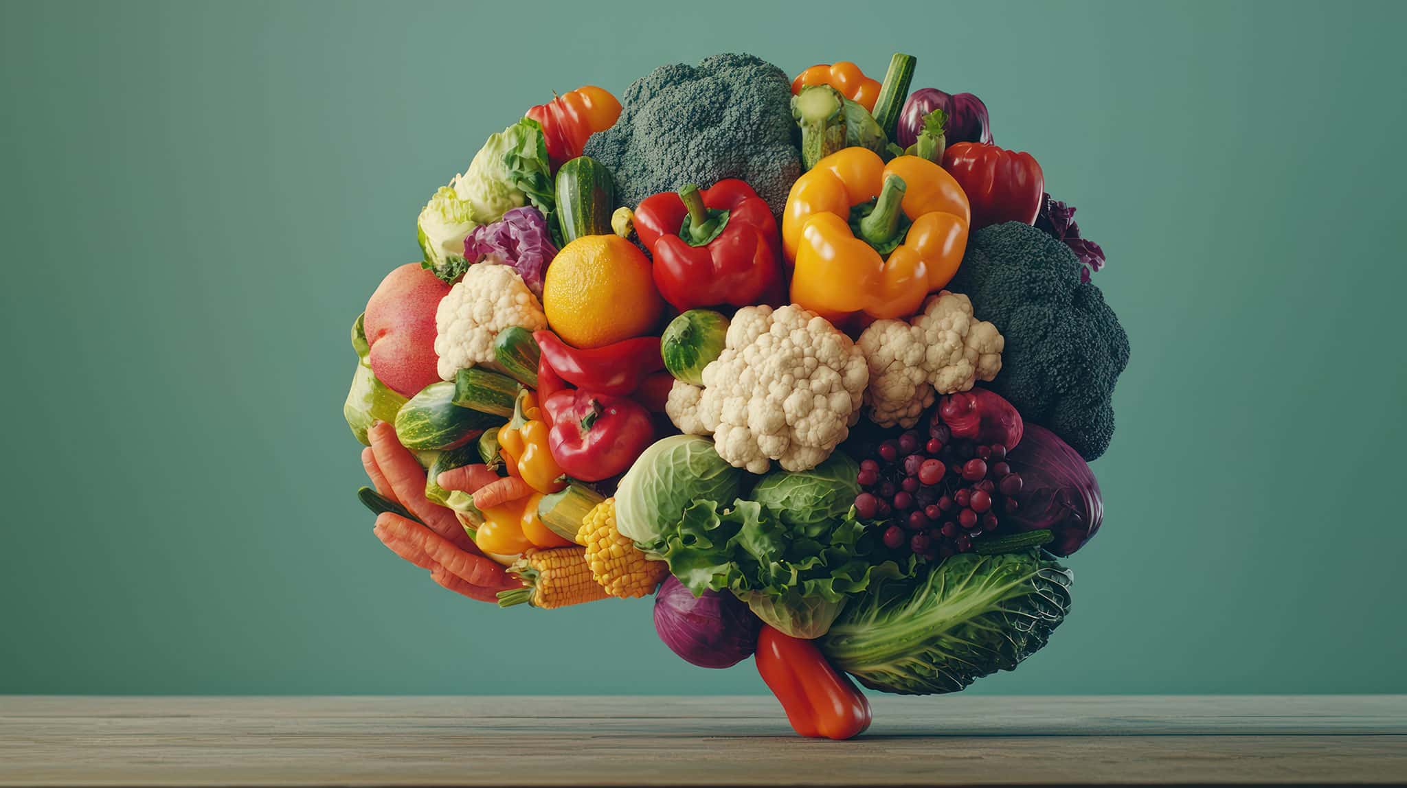 Ein Arrangement aus verschiedenen Gemüse- und Obstsorten in Form eines menschlichen Gehirns sitzt auf einer hölzernen Oberfläche vor einem schlichten grünen Hintergrund und zeigt köstliche Möglichkeiten auf, das Gehirn gesund zu halten.