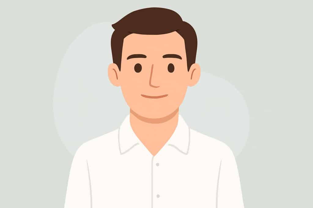 Illustration eines Mannes mit kurzen braunen Haaren, heller Haut und neutralem Ausdruck, der ein weißes Hemd mit Kragen trägt, vor einem hellgrauen Hintergrund mit abstrakten Formen, inspiriert von der professionellen Atmosphäre der Neurologischen Praxis Wolfenbüttel.