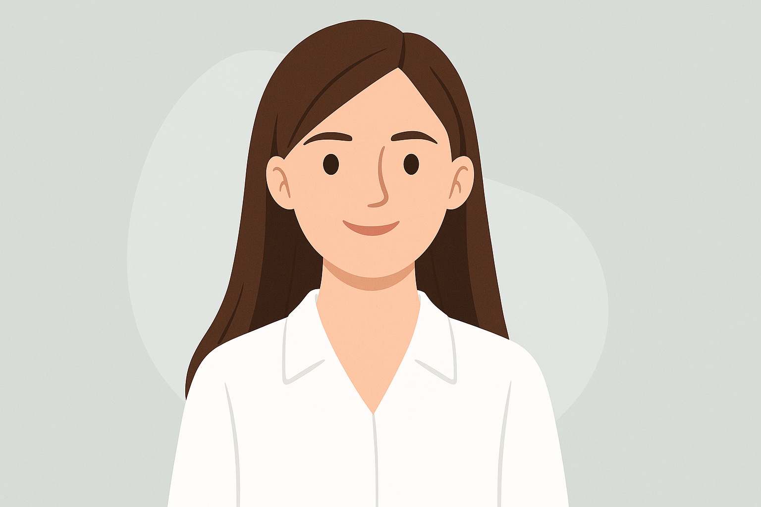 Illustration einer Frau mit langen braunen Haaren, die ein weißes Hemd mit Kragen trägt, leicht lächelt und nach vorne schaut, vor einem hellgrauen Hintergrund mit abgerundeten Formen, der das Empfangsteam der Neurologischen Praxis Wolfenbüttel darstellt.