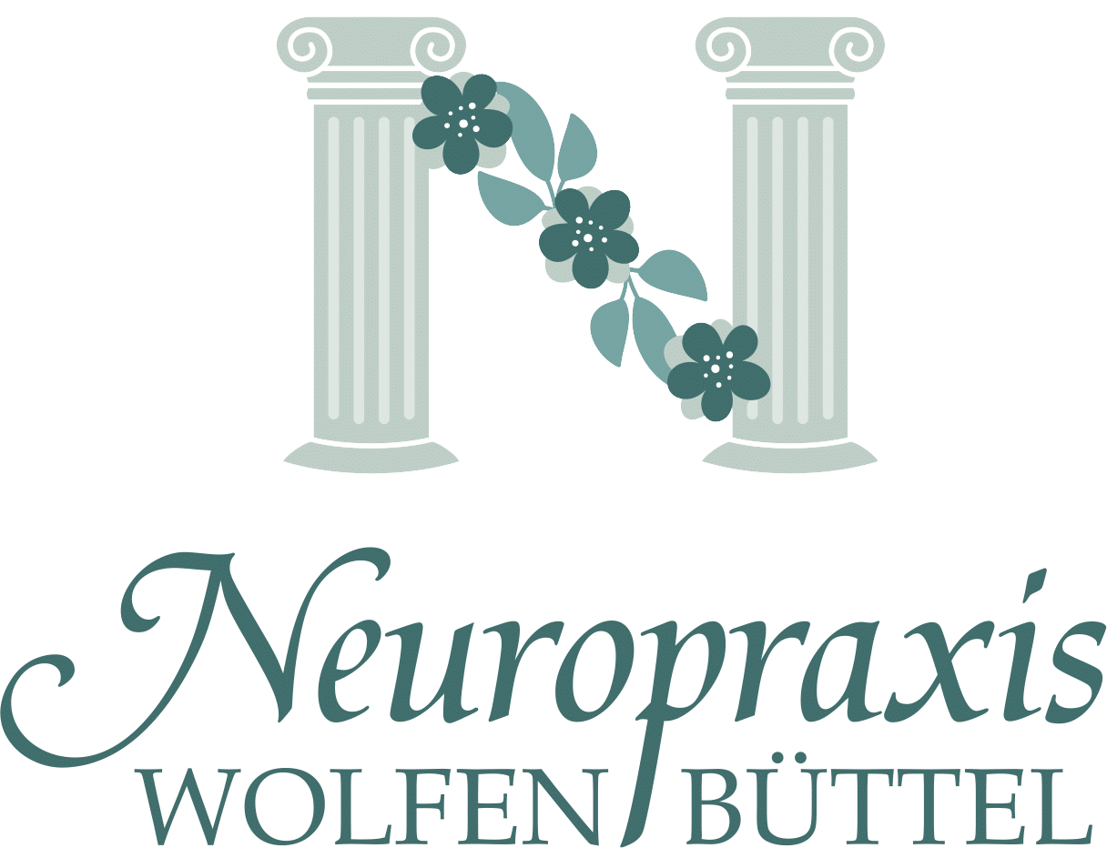 Logo mit einem großen "N", das aus zwei klassischen Säulen besteht, die durch eine Blumenranke verbunden sind. Darunter steht der Text "Neuropraxis Wolfenbüttel" in stilisierter Schrift. Die Farben sind Hellgrün und Teal.